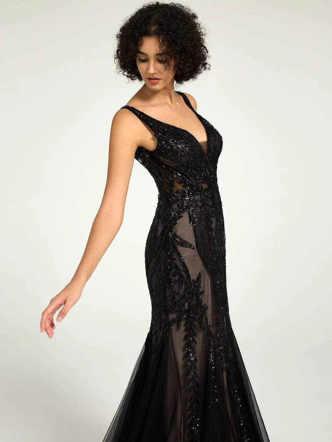 Full-Length Mermaid Nude Illusion Black Lace Sequin Formal Gown