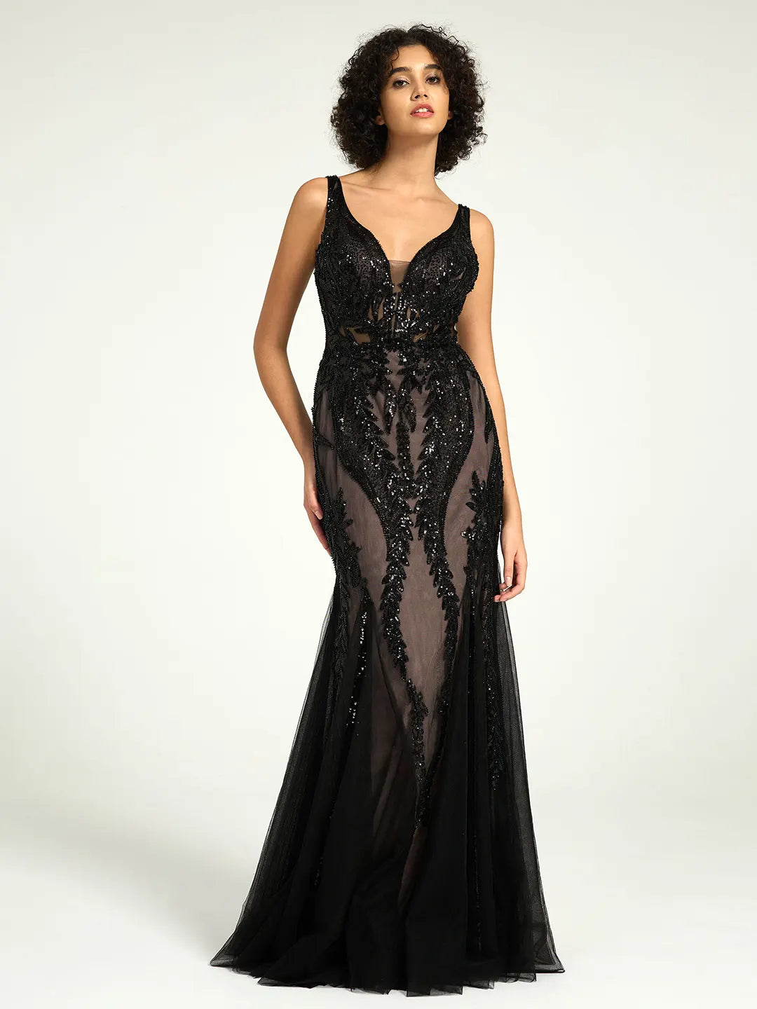 Full-Length Mermaid Nude Illusion Black Lace Sequin Formal Gown