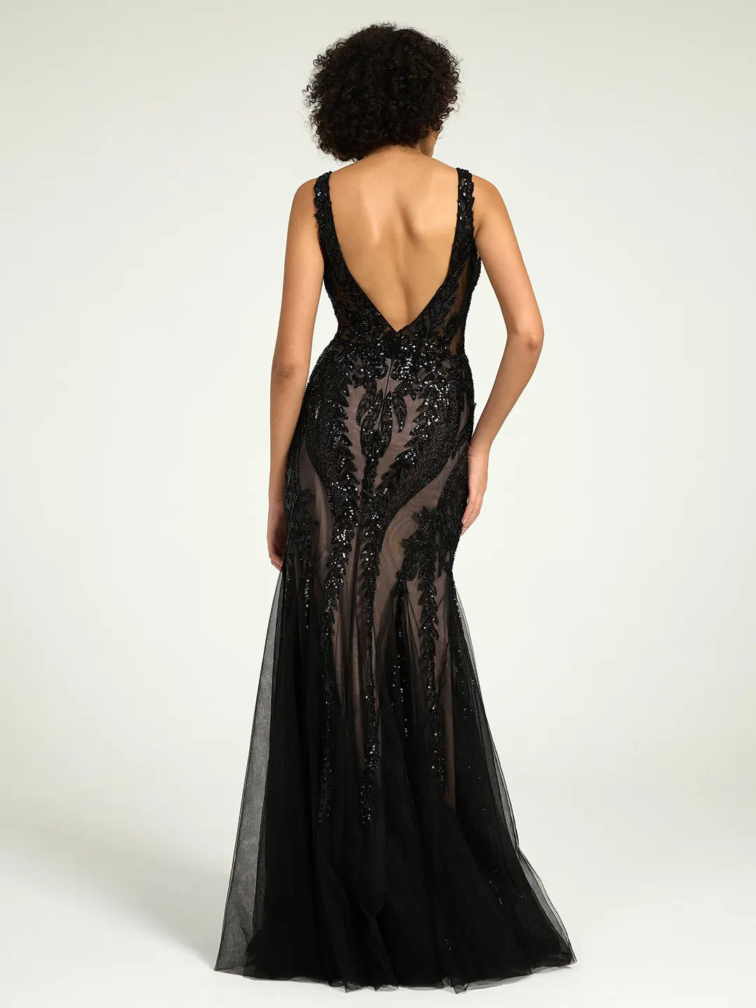 Full-Length Mermaid Nude Illusion Black Lace Sequin Formal Gown