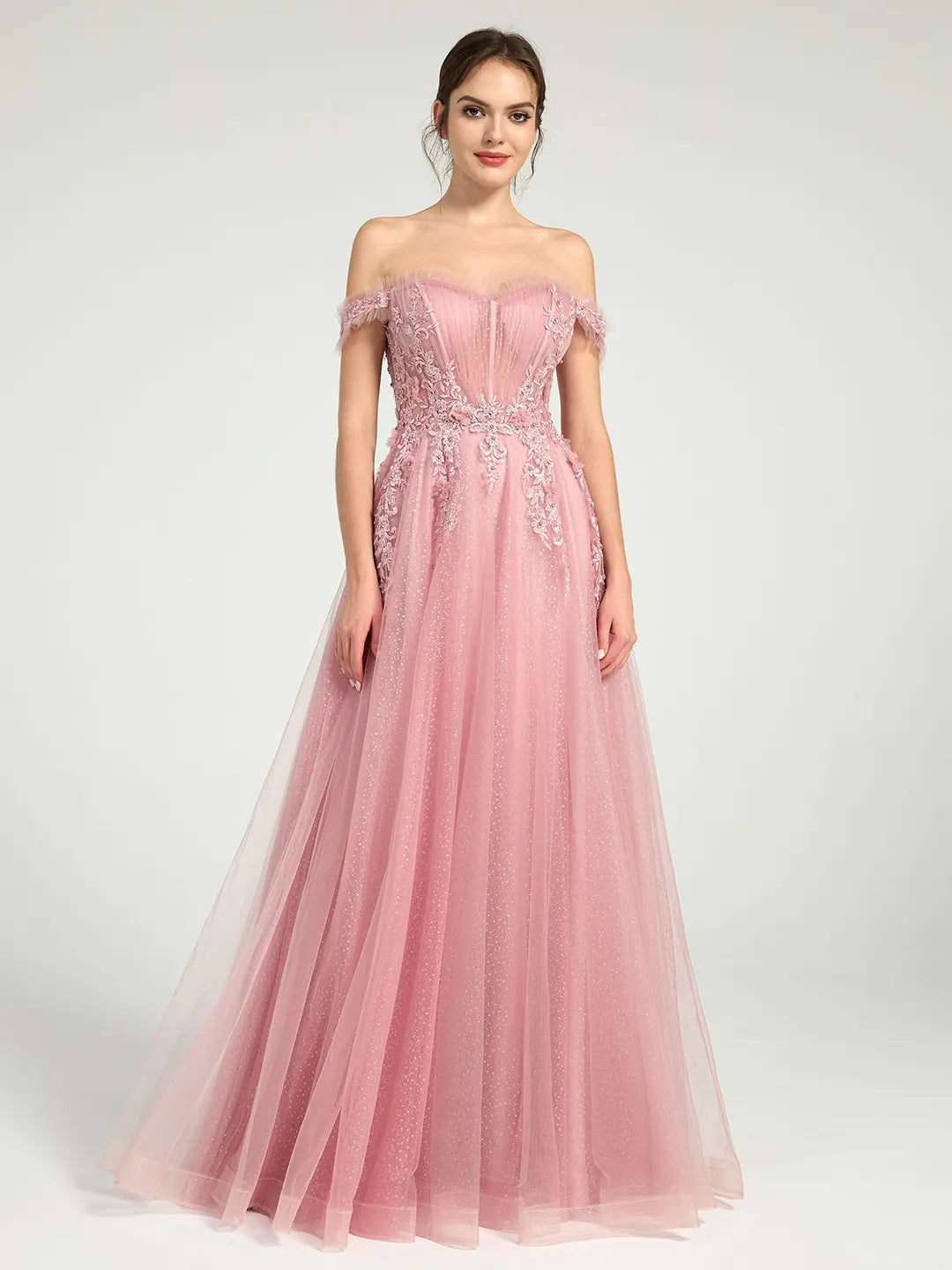 Glitter Tulle Off-the-Shoulder Ball Gown with Beaded Lace and Open Back