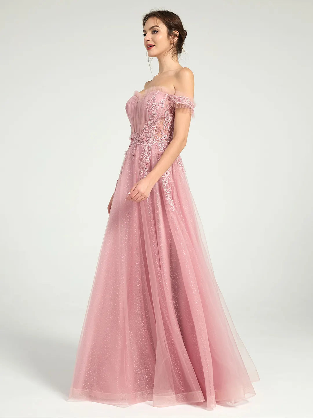 Glitter Tulle Off-the-Shoulder Ball Gown with Beaded Lace and Open Back