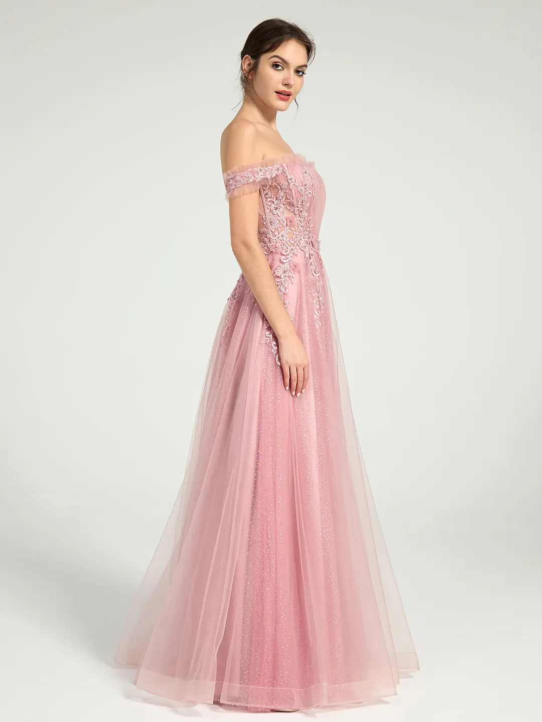 Glitter Tulle Off-the-Shoulder Ball Gown with Beaded Lace and Open Back