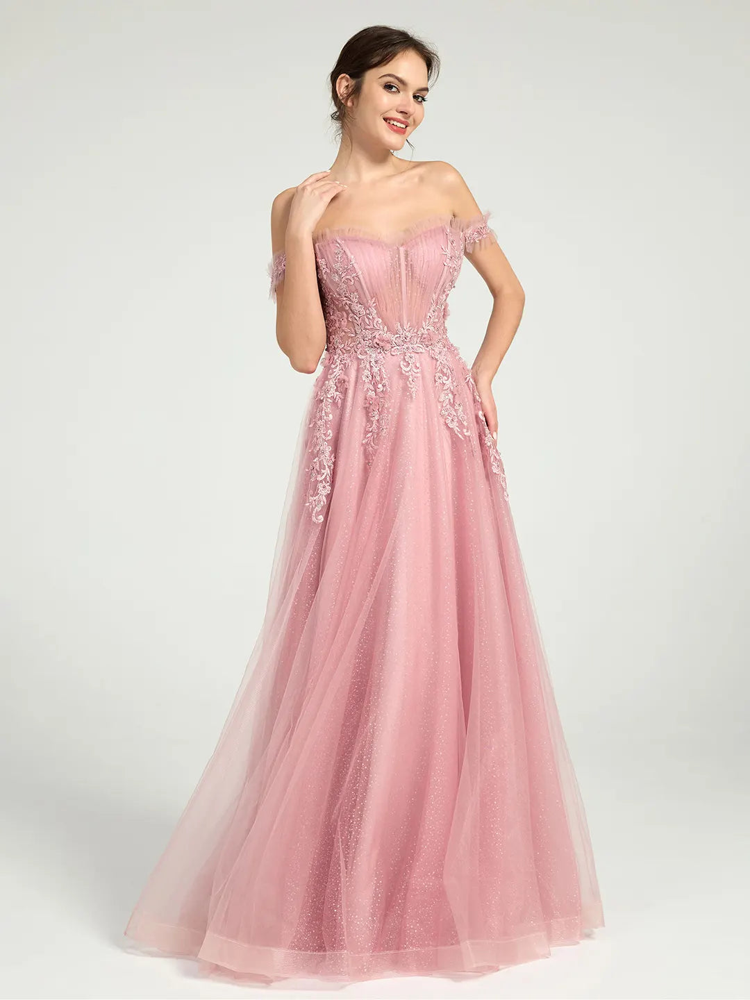 Glitter Tulle Off-the-Shoulder Ball Gown with Beaded Lace and Open Back