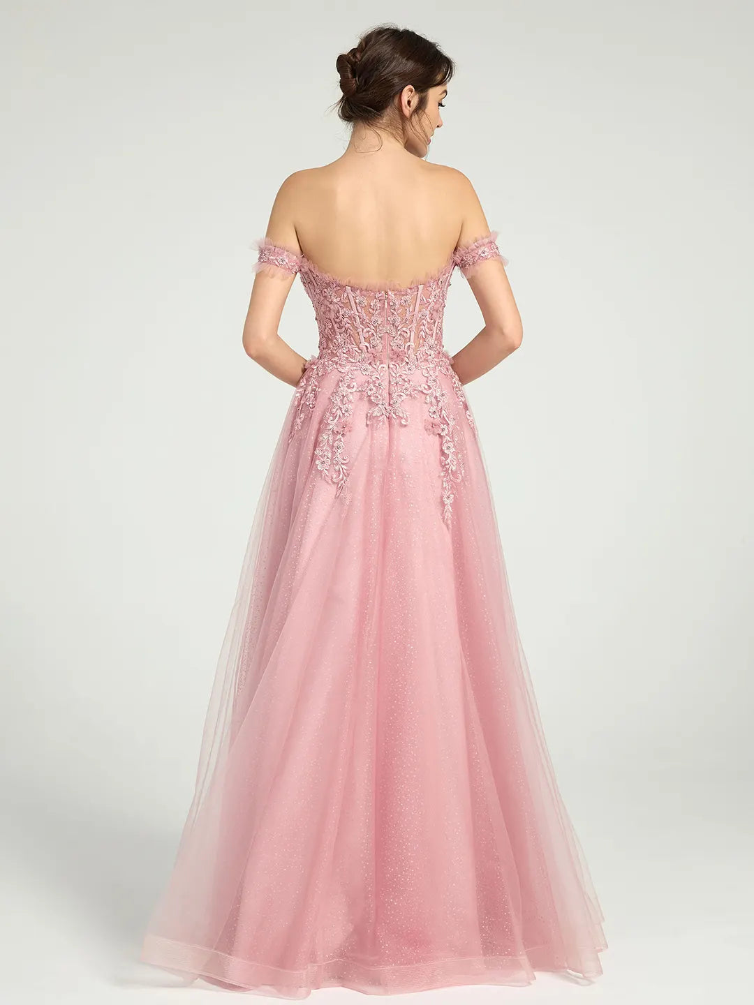 Glitter Tulle Off-the-Shoulder Ball Gown with Beaded Lace and Open Back