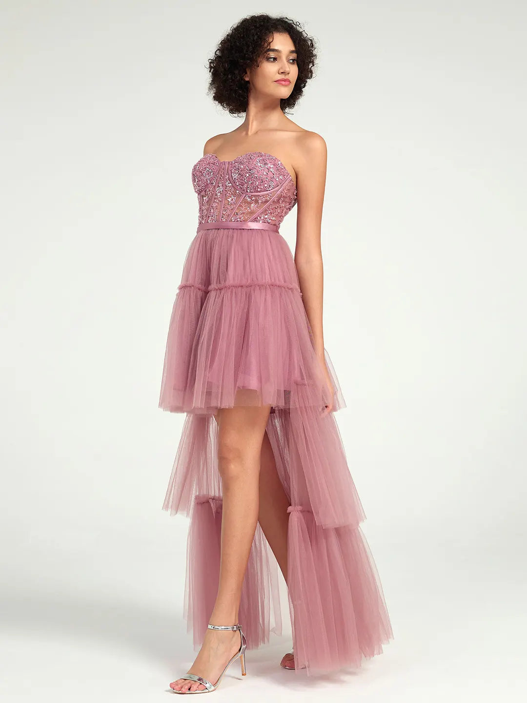 High-Low Tiered Tulle Gown with Sweetheart Corset & Beaded Accents