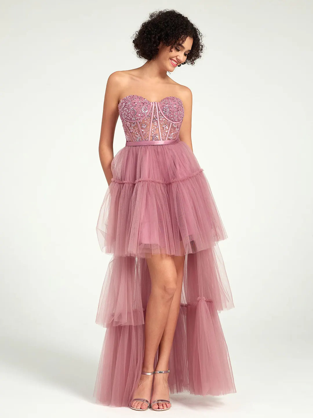 High-Low Tiered Tulle Gown with Sweetheart Corset & Beaded Accents