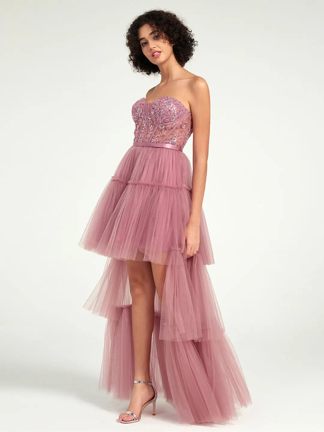 High-Low Tiered Tulle Gown with Sweetheart Corset & Beaded Accents