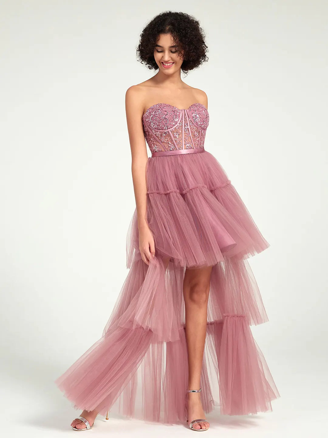 High-Low Tiered Tulle Gown with Sweetheart Corset & Beaded Accents