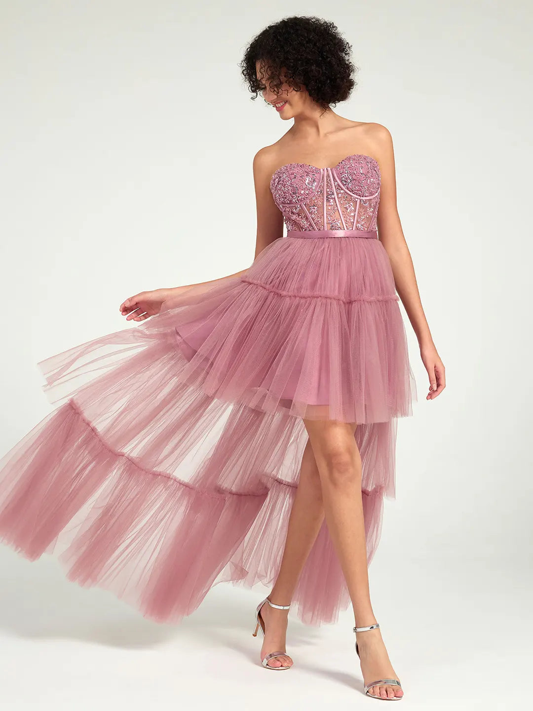 High-Low Tiered Tulle Gown with Sweetheart Corset & Beaded Accents