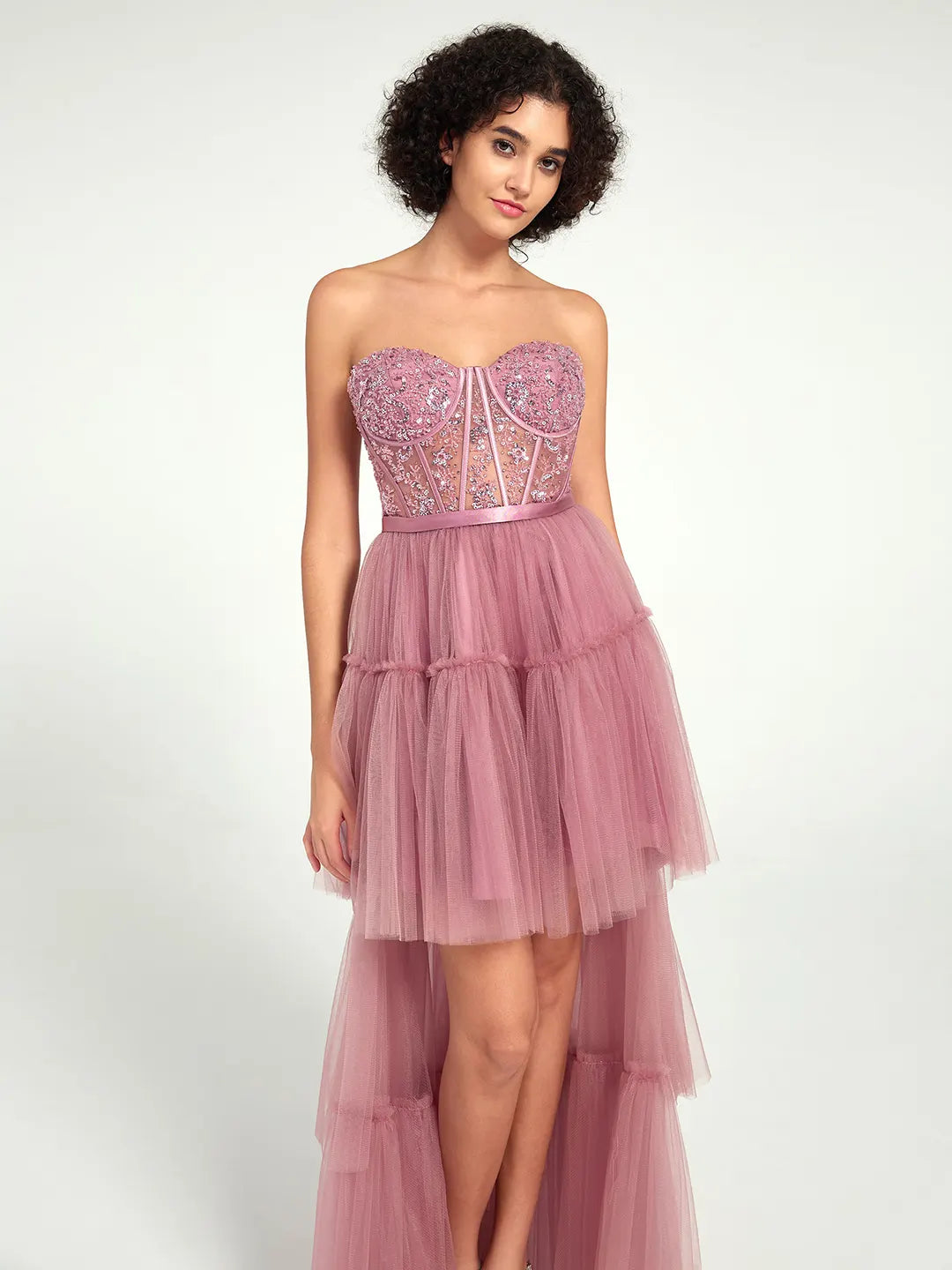 High-Low Tiered Tulle Gown with Sweetheart Corset & Beaded Accents