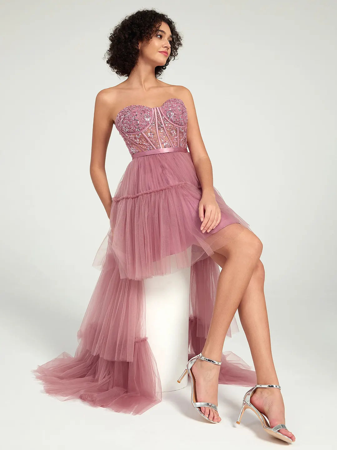 High-Low Tiered Tulle Gown with Sweetheart Corset & Beaded Accents