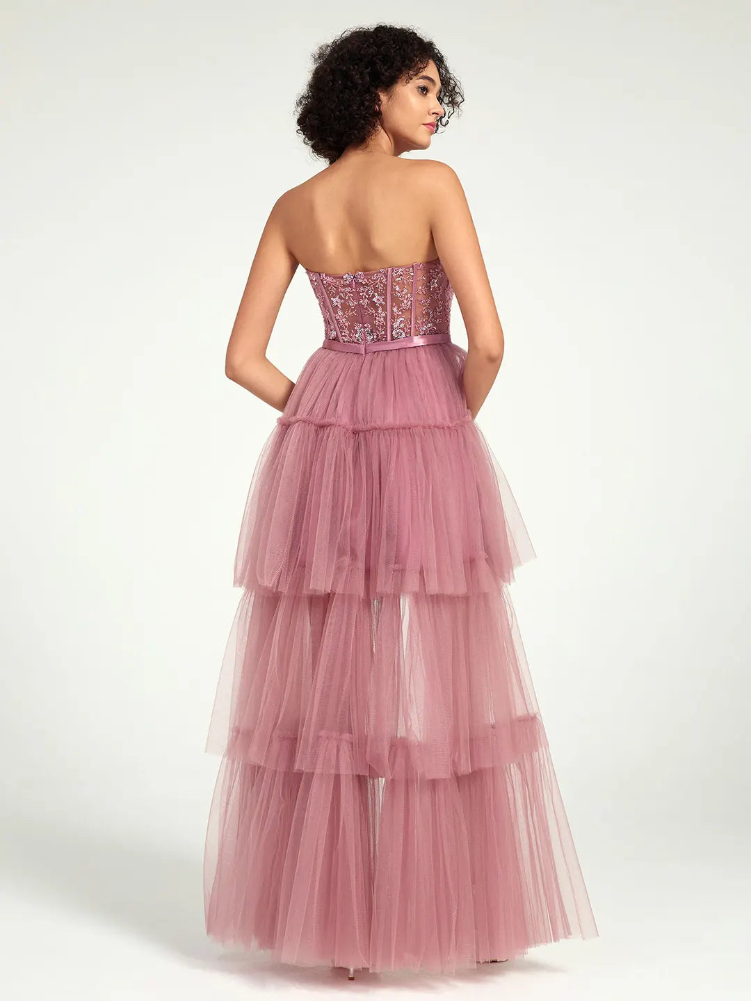 High-Low Tiered Tulle Gown with Sweetheart Corset & Beaded Accents