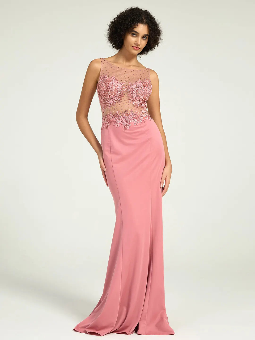 Illusion Neckline Jersey Sheath Dress with Lace, Pearl, and Jewel Embellished Bodice