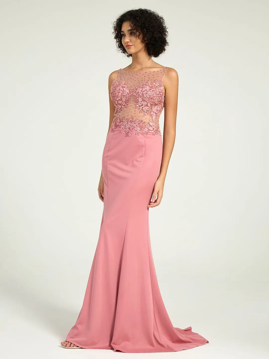 Illusion Neckline Jersey Sheath Dress with Lace, Pearl, and Jewel Embellished Bodice