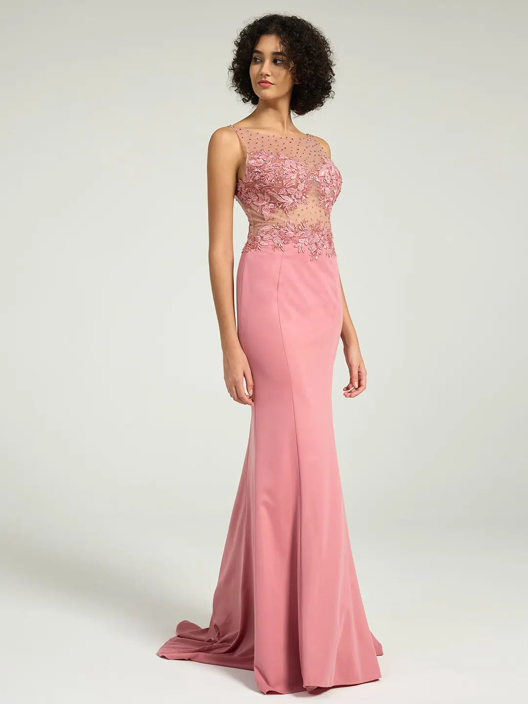 Illusion Neckline Jersey Sheath Dress with Lace, Pearl, and Jewel Embellished Bodice