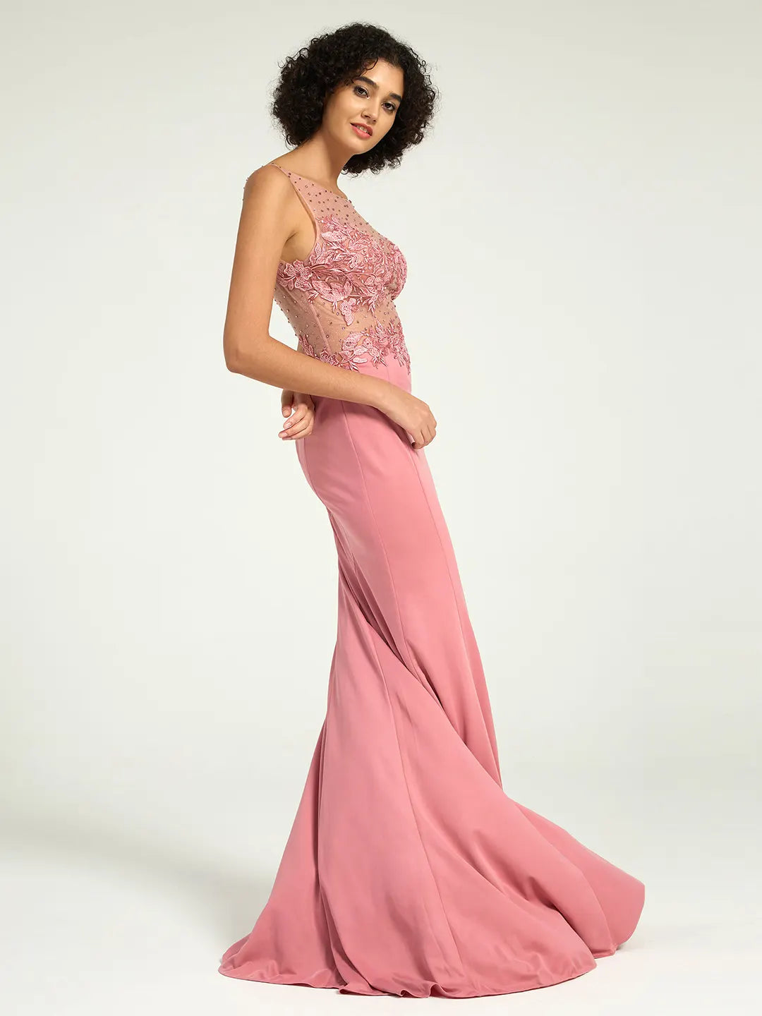 Illusion Neckline Jersey Sheath Dress with Lace, Pearl, and Jewel Embellished Bodice