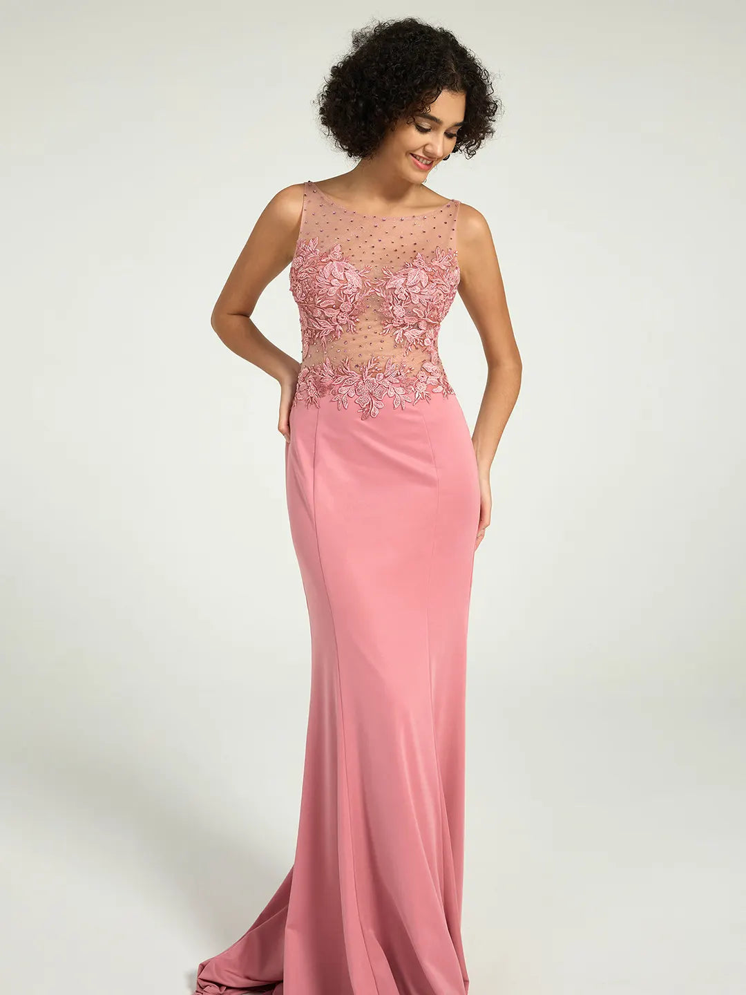 Illusion Neckline Jersey Sheath Dress with Lace, Pearl, and Jewel Embellished Bodice