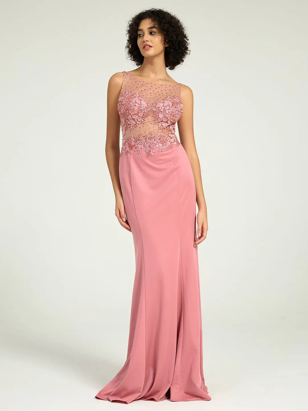 Illusion Neckline Jersey Sheath Dress with Lace, Pearl, and Jewel Embellished Bodice