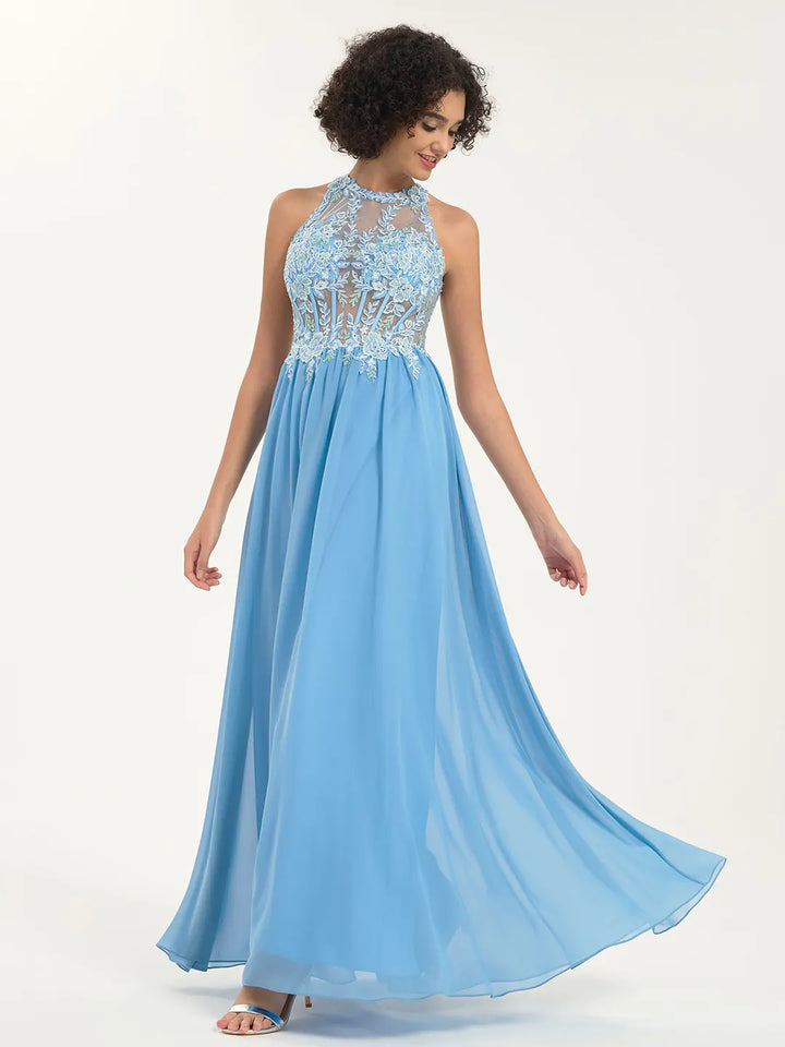 Illusion Round Neck A-Line Maxi Prom Dress with Floral Lace and Rhinestone Accents