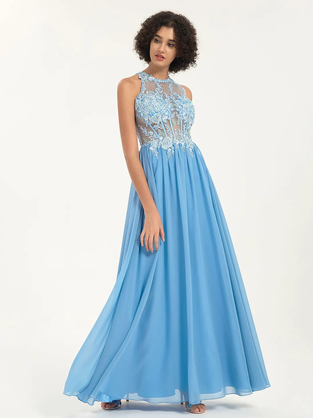 Illusion Round Neck A-Line Maxi Prom Dress with Floral Lace and Rhinestone Accents