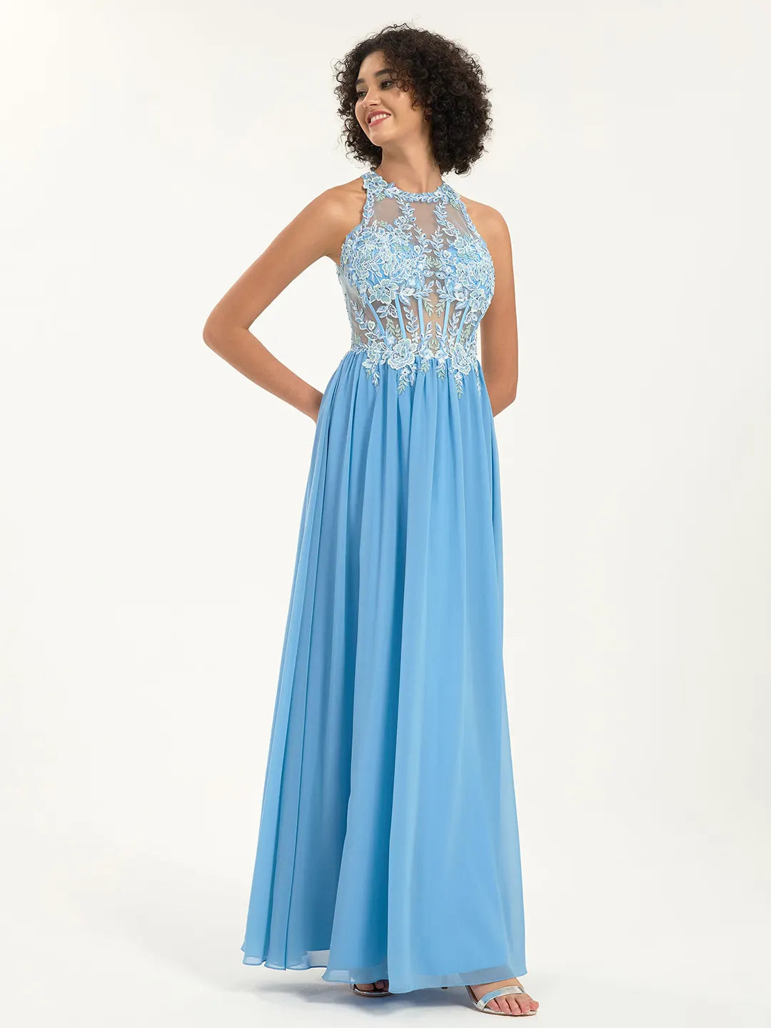 Illusion Round Neck A-Line Maxi Prom Dress with Floral Lace and Rhinestone Accents