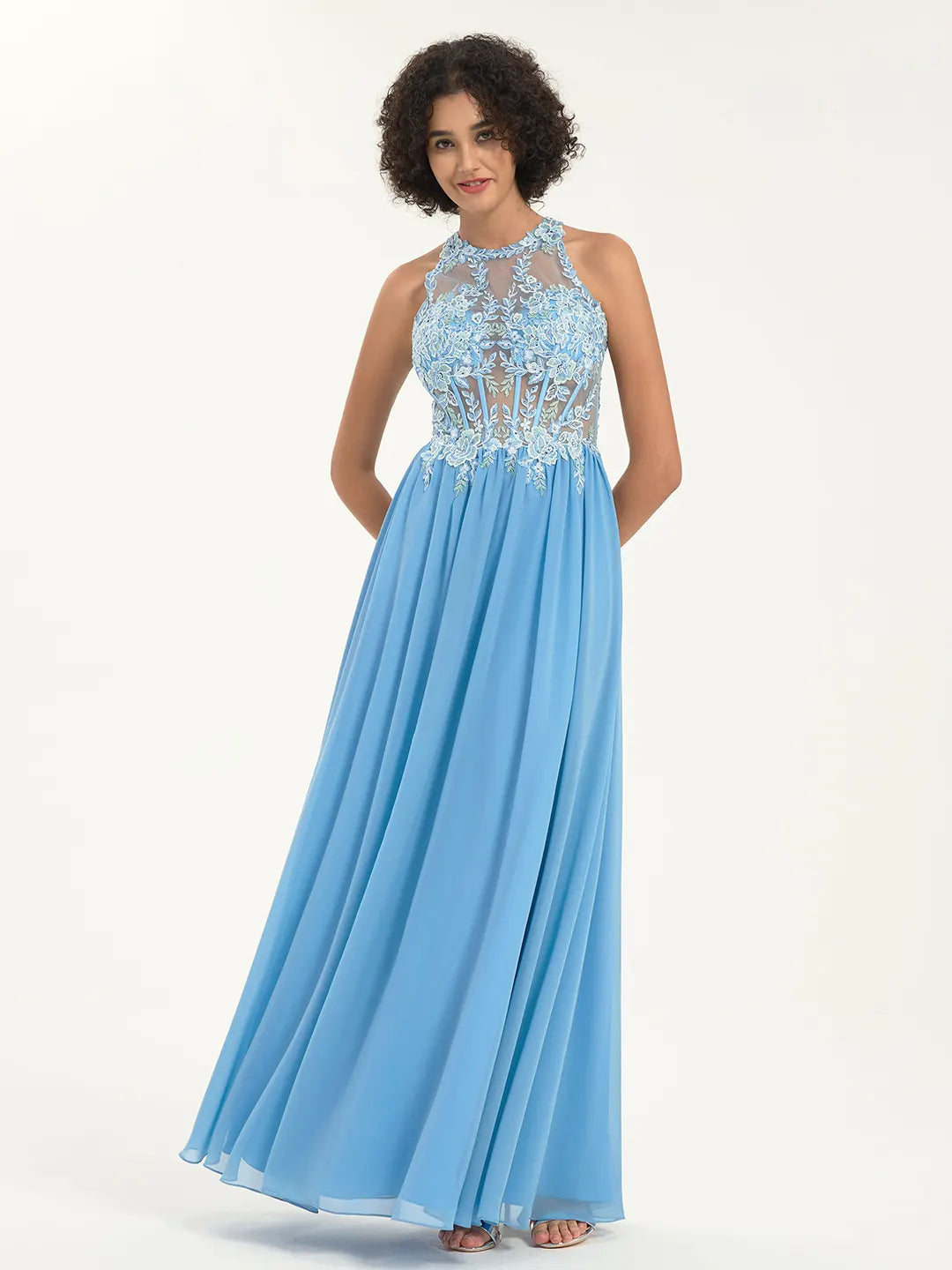 Illusion Round Neck A-Line Maxi Prom Dress with Floral Lace and Rhinestone Accents