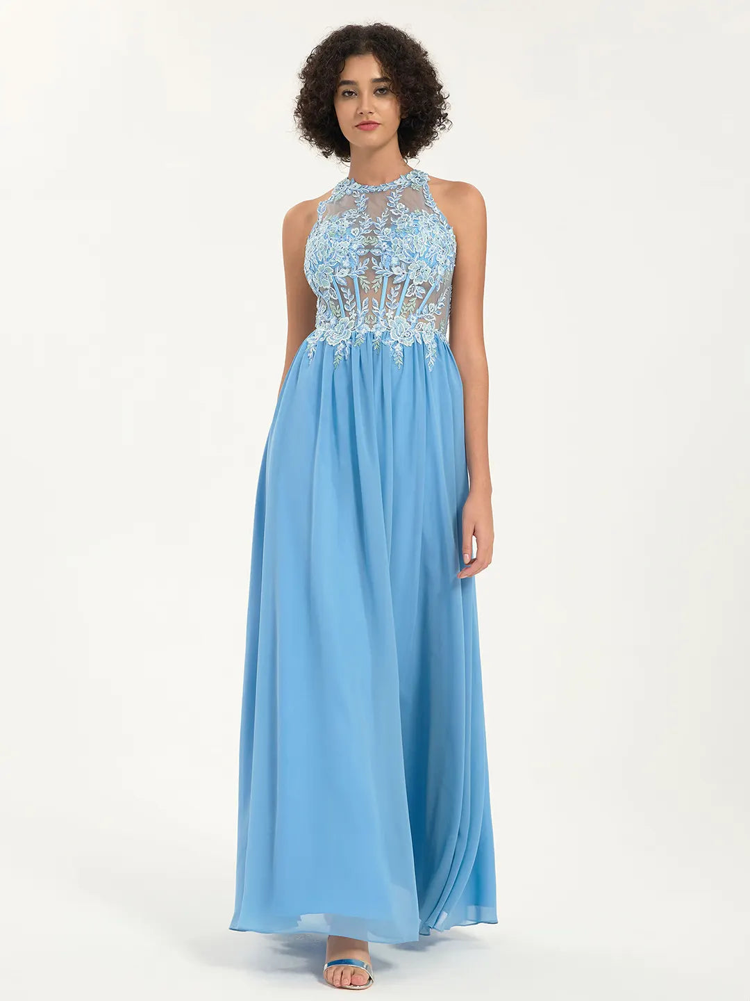 Illusion Round Neck A-Line Maxi Prom Dress with Floral Lace and Rhinestone Accents