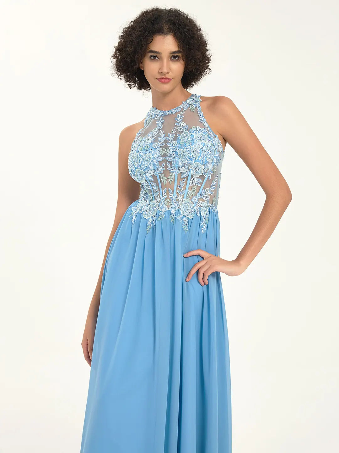 Illusion Round Neck A-Line Maxi Prom Dress with Floral Lace and Rhinestone Accents