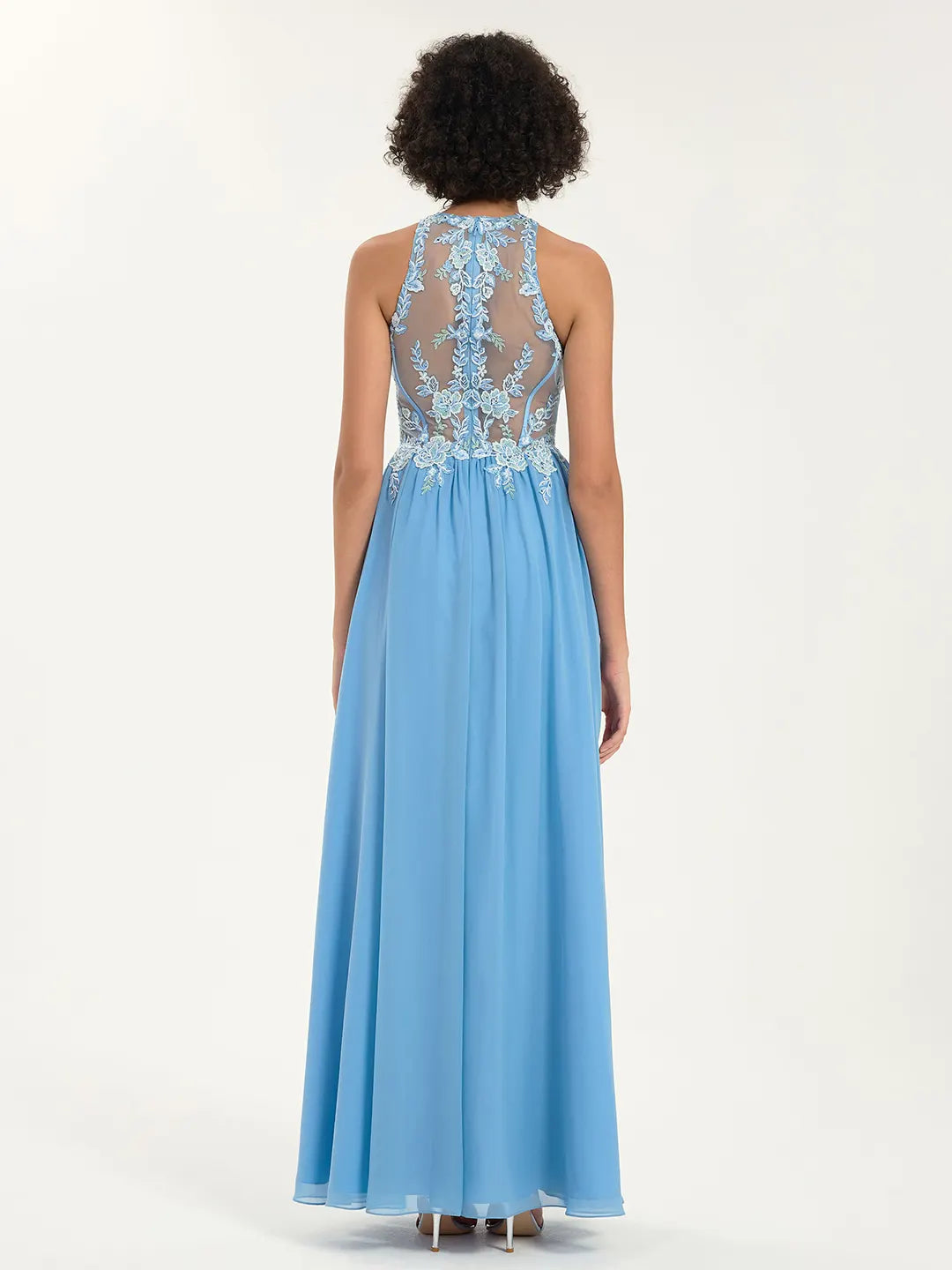 Illusion Round Neck A-Line Maxi Prom Dress with Floral Lace and Rhinestone Accents