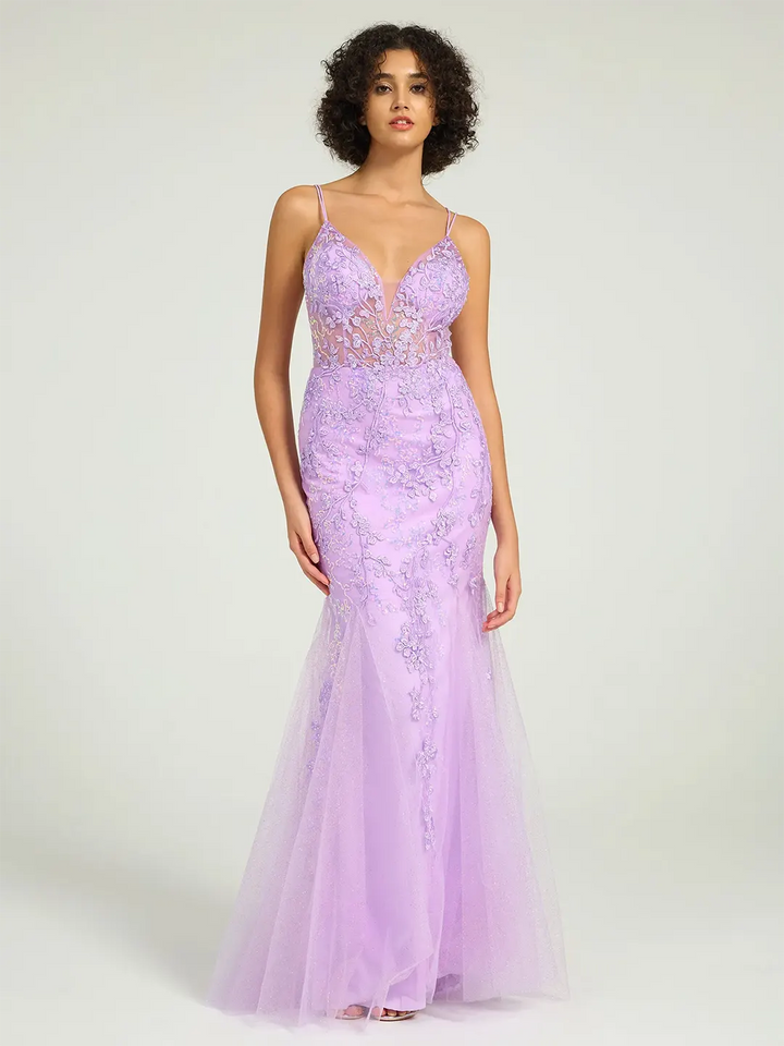 Lilac V-Neck Lace-Up Mermaid Tulle Maxi Formal Prom Dress with Sequin Lace