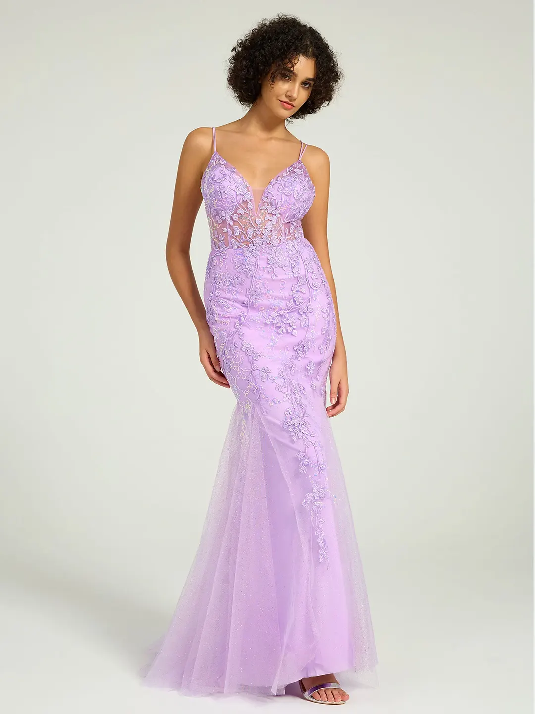 Lilac V-Neck Lace-Up Mermaid Tulle Maxi Formal Prom Dress with Sequin Lace