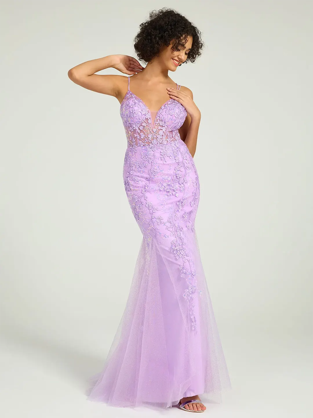 Lilac V-Neck Lace-Up Mermaid Tulle Maxi Formal Prom Dress with Sequin Lace