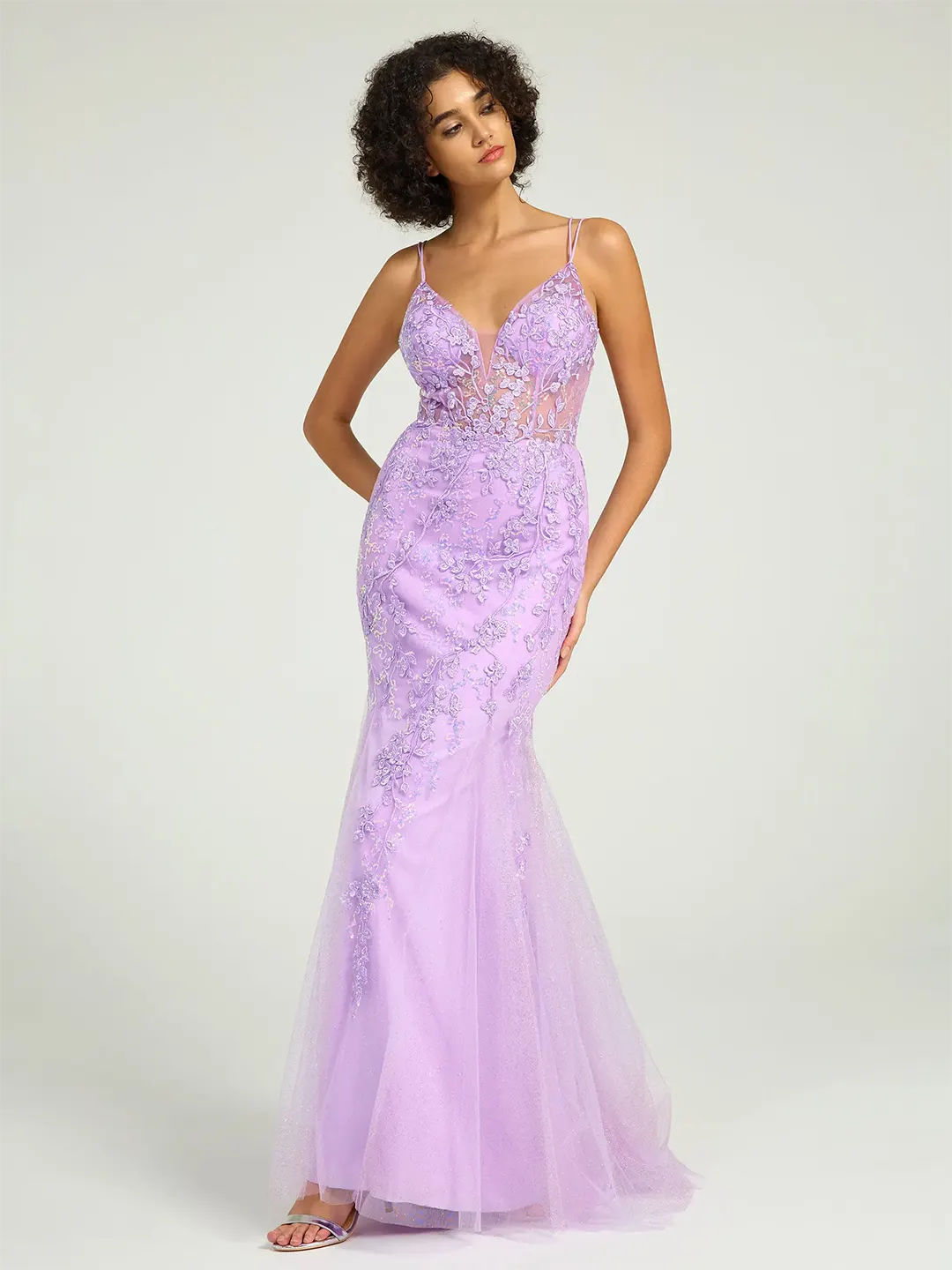 Lilac V-Neck Lace-Up Mermaid Tulle Maxi Formal Prom Dress with Sequin Lace