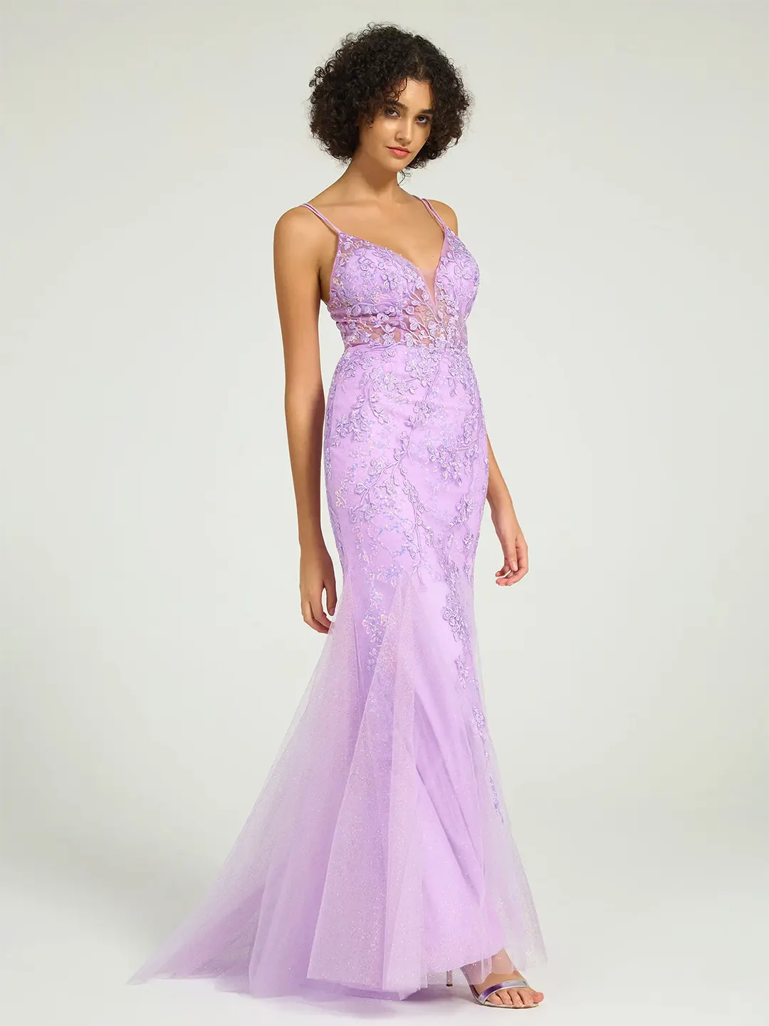 Lilac V-Neck Lace-Up Mermaid Tulle Maxi Formal Prom Dress with Sequin Lace