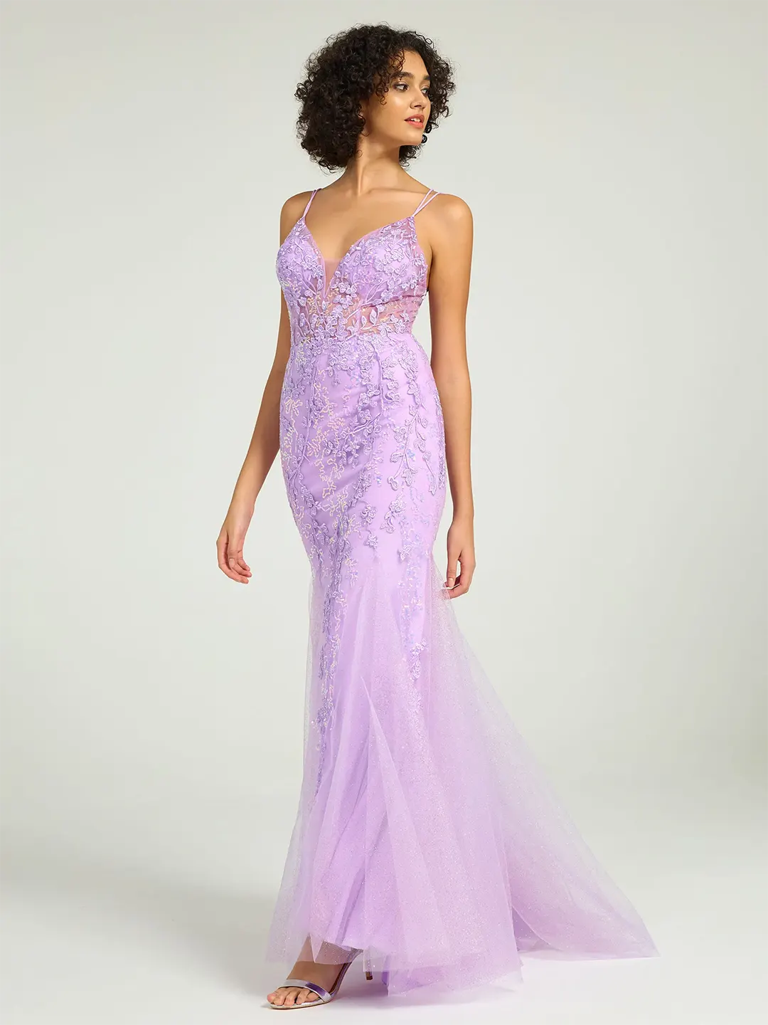 Lilac V-Neck Lace-Up Mermaid Tulle Maxi Formal Prom Dress with Sequin Lace