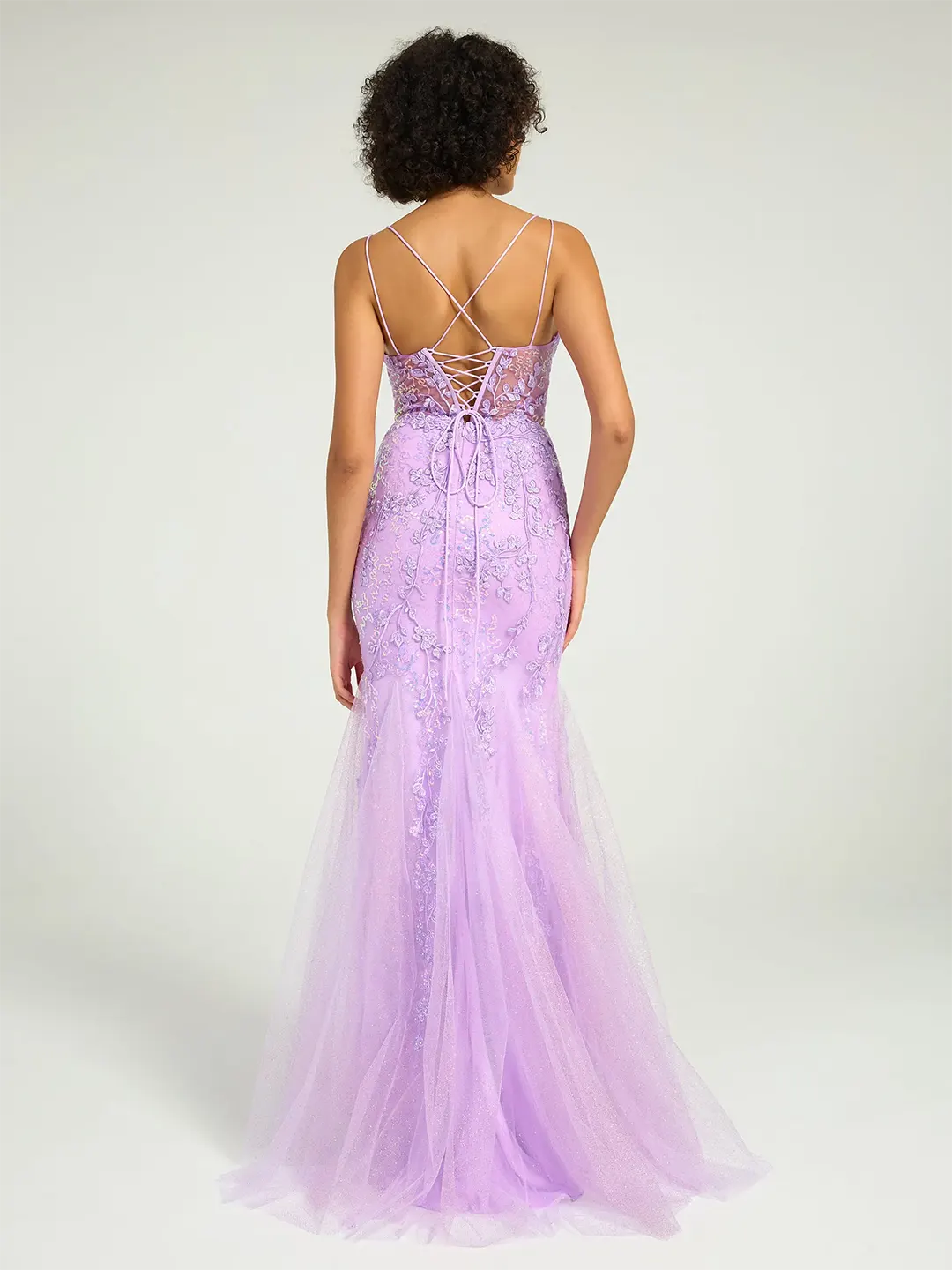 Lilac V-Neck Lace-Up Mermaid Tulle Maxi Formal Prom Dress with Sequin Lace