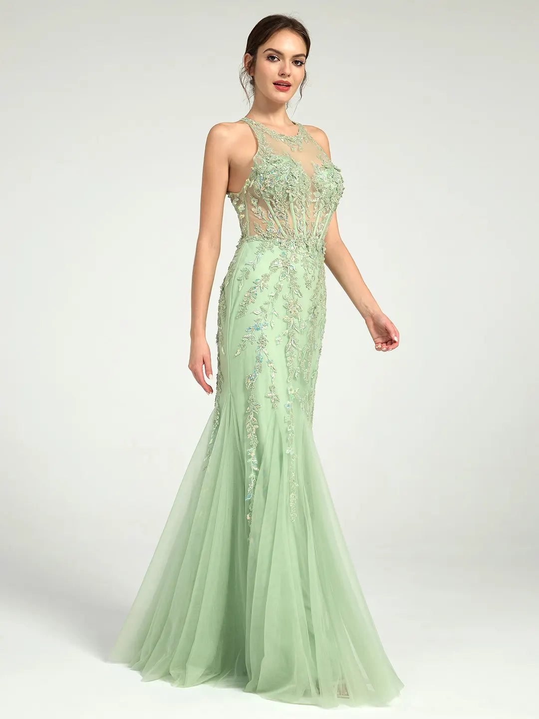 Mermaid Illusion Corset Lace Applique Sequin Embellished Maxi Prom Dress