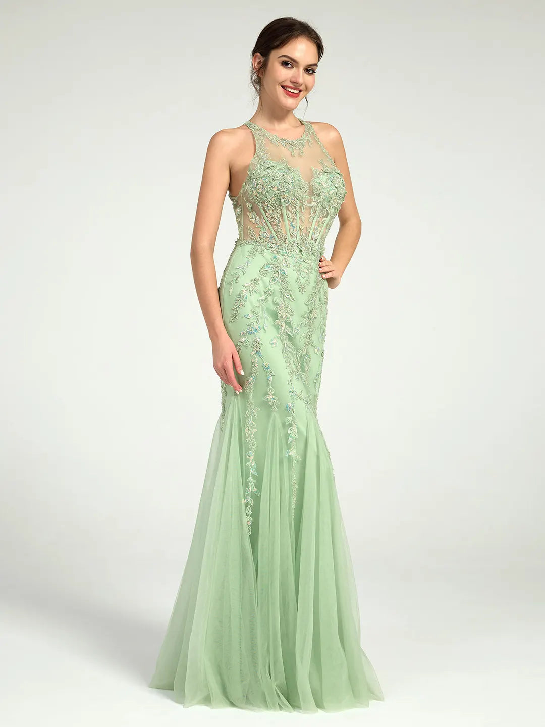 Mermaid Illusion Corset Lace Applique Sequin Embellished Maxi Prom Dress