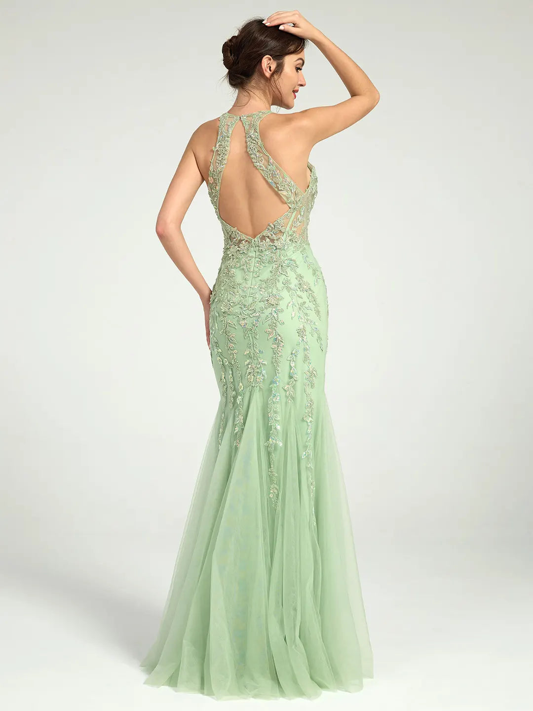 Mermaid Illusion Corset Lace Applique Sequin Embellished Maxi Prom Dress