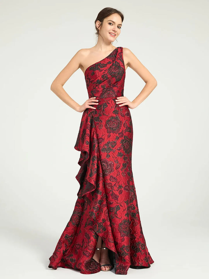 Mermaid Ruffled One-Shoulder Floral Jacquard Formal Dress with Sweep Train