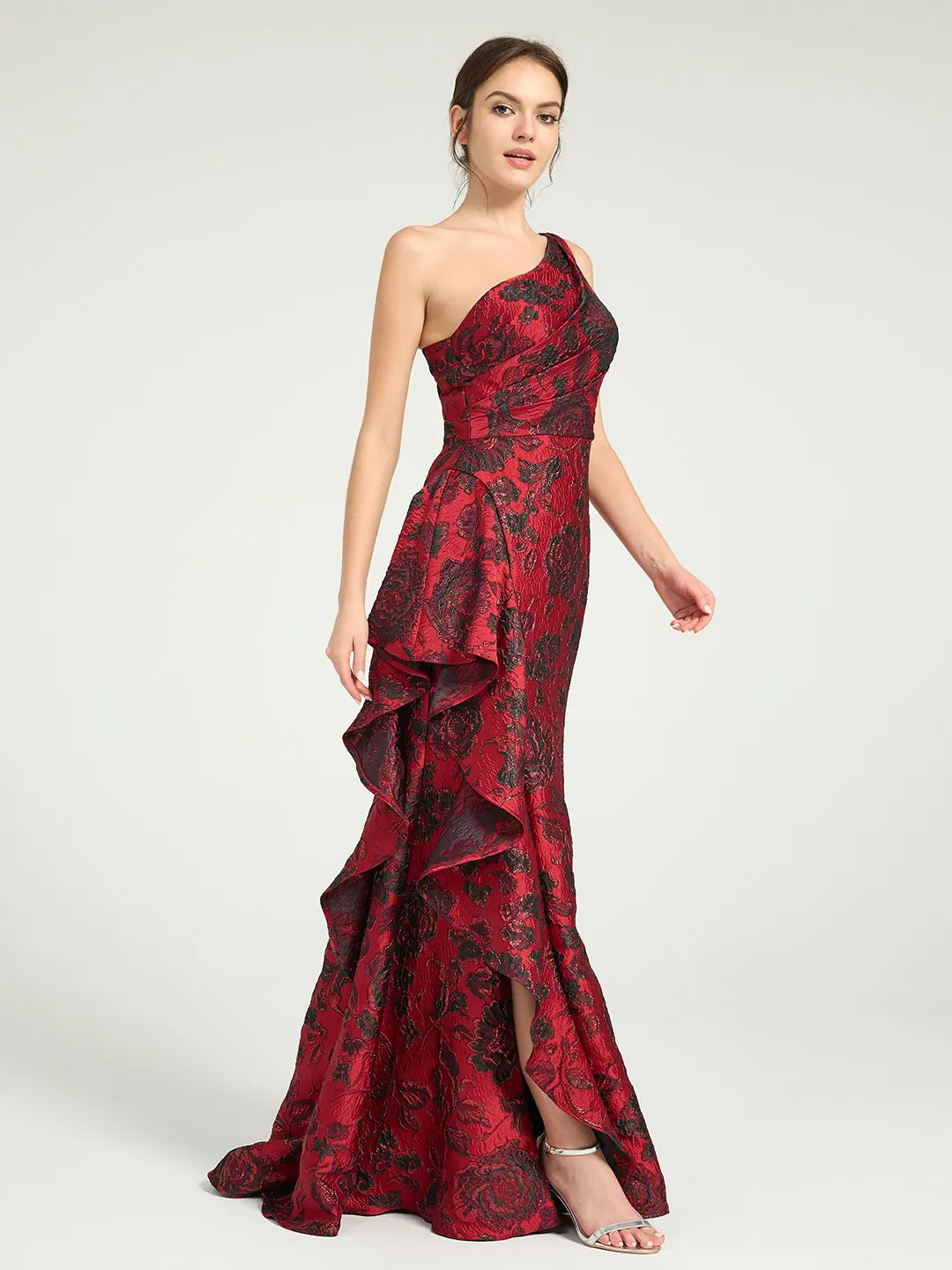 Mermaid Ruffled One-Shoulder Floral Jacquard Formal Dress with Sweep Train