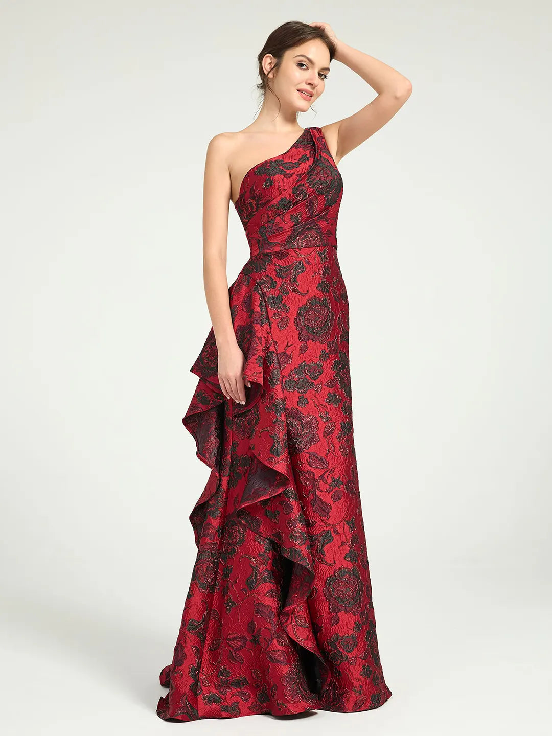 Mermaid Ruffled One-Shoulder Floral Jacquard Formal Dress with Sweep Train