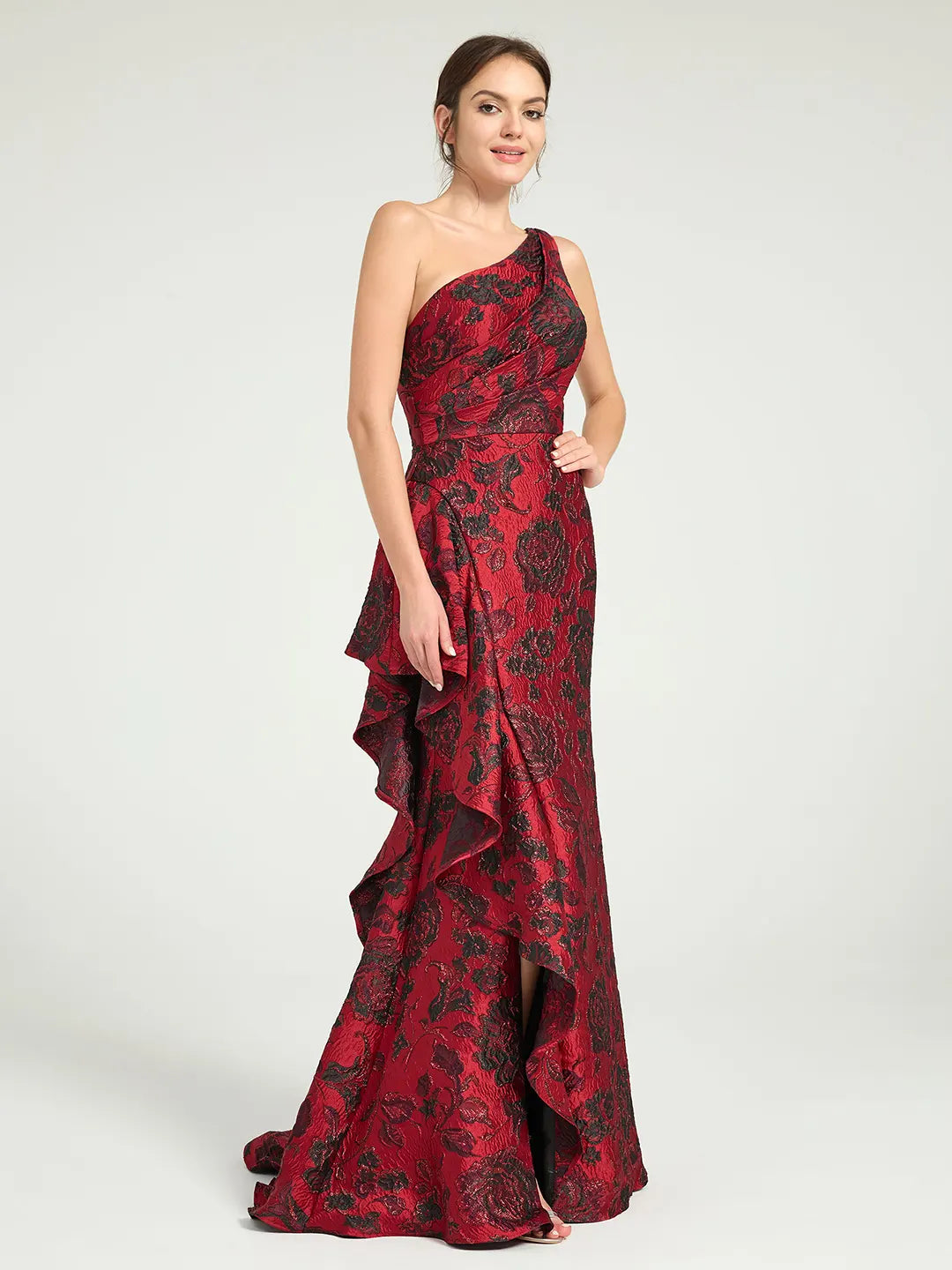 Mermaid Ruffled One-Shoulder Floral Jacquard Formal Dress with Sweep Train