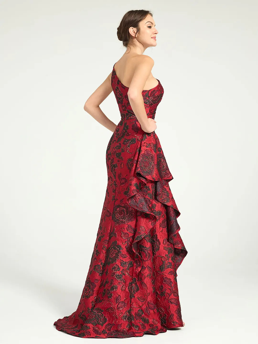 Mermaid Ruffled One-Shoulder Floral Jacquard Formal Dress with Sweep Train