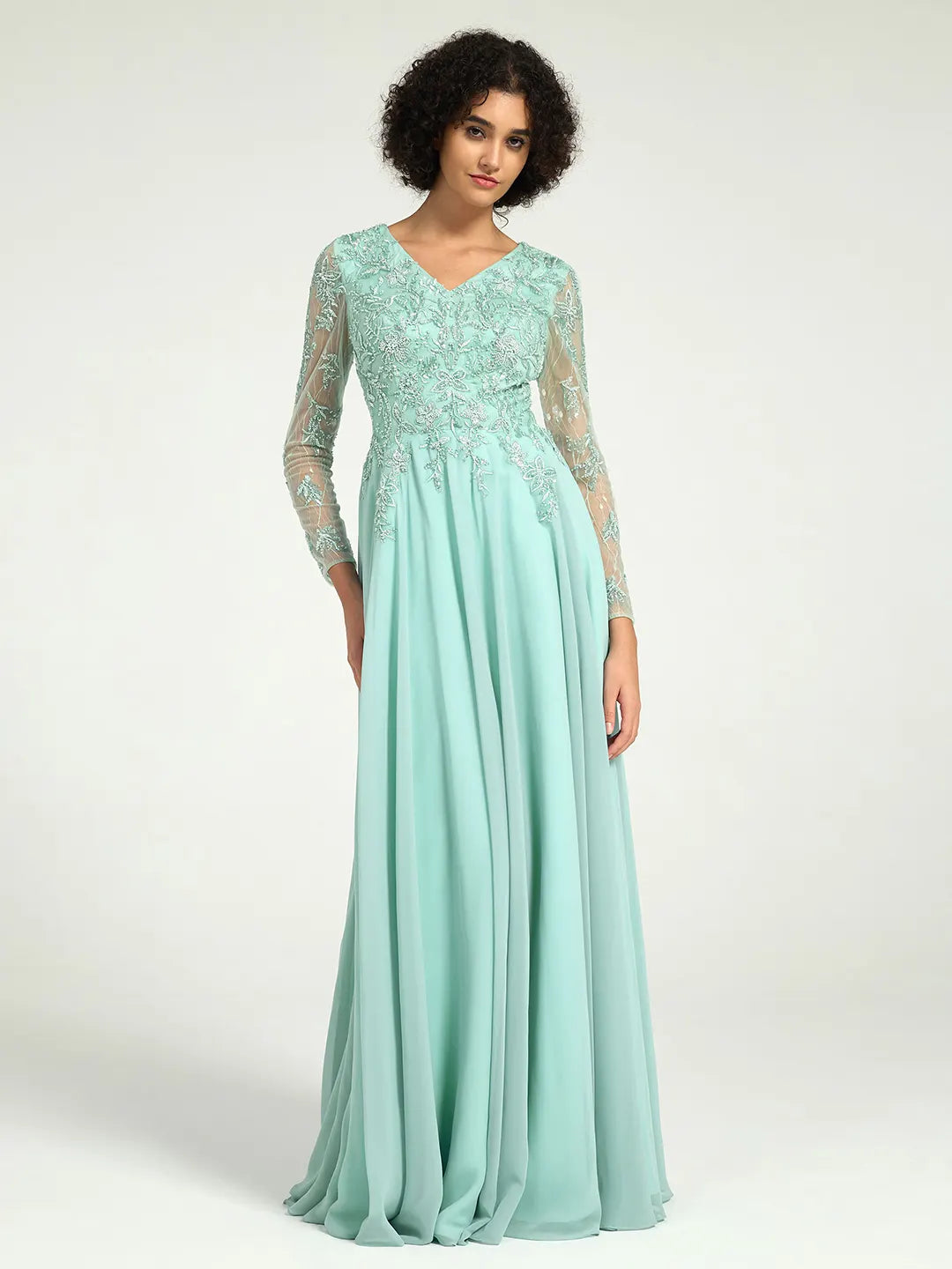 Mint Green Long Sleeve Mother of the Bride Dress with Beaded Lace Accents