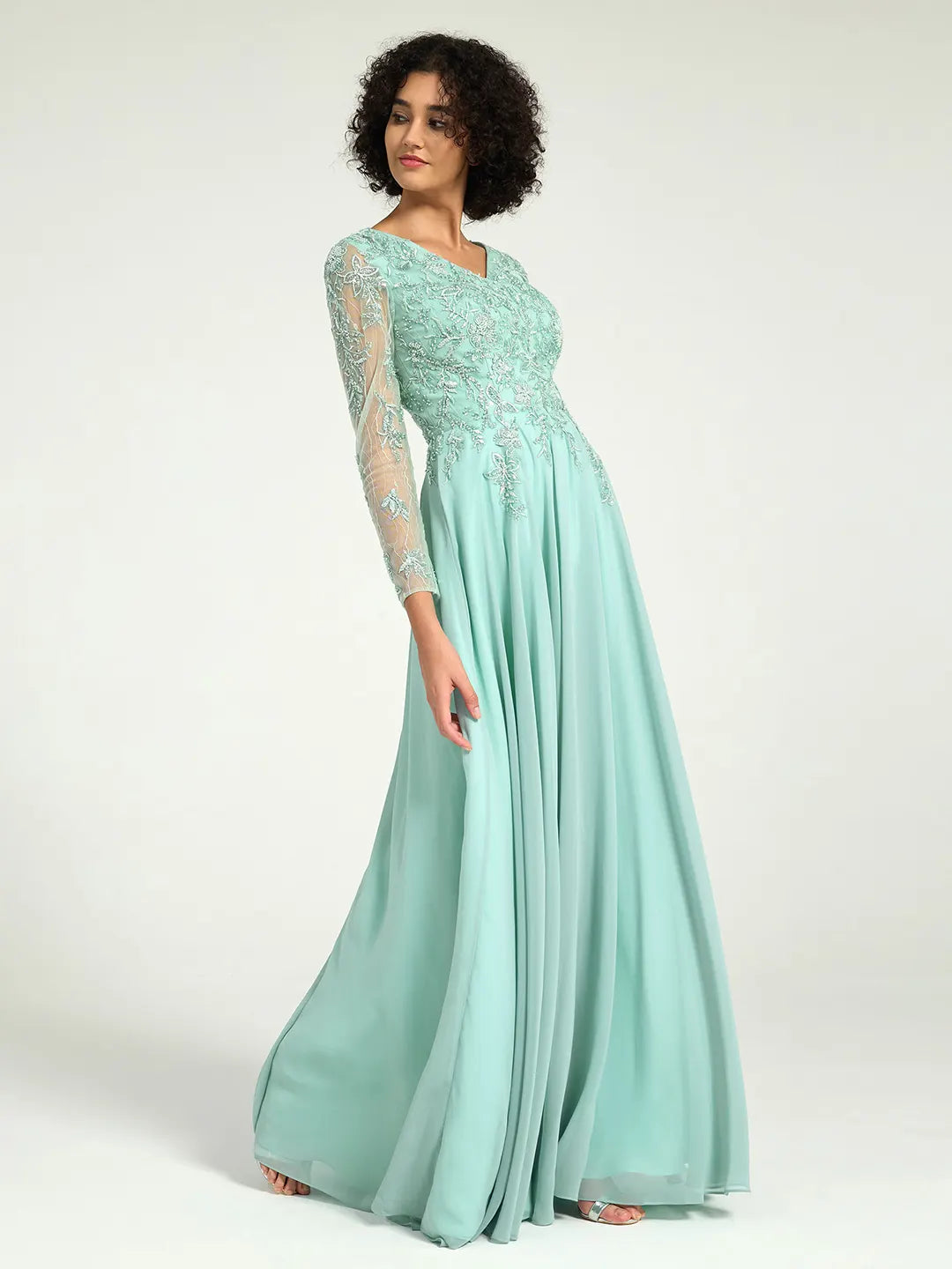 Mint Green Long Sleeve Mother of the Bride Dress with Beaded Lace Accents