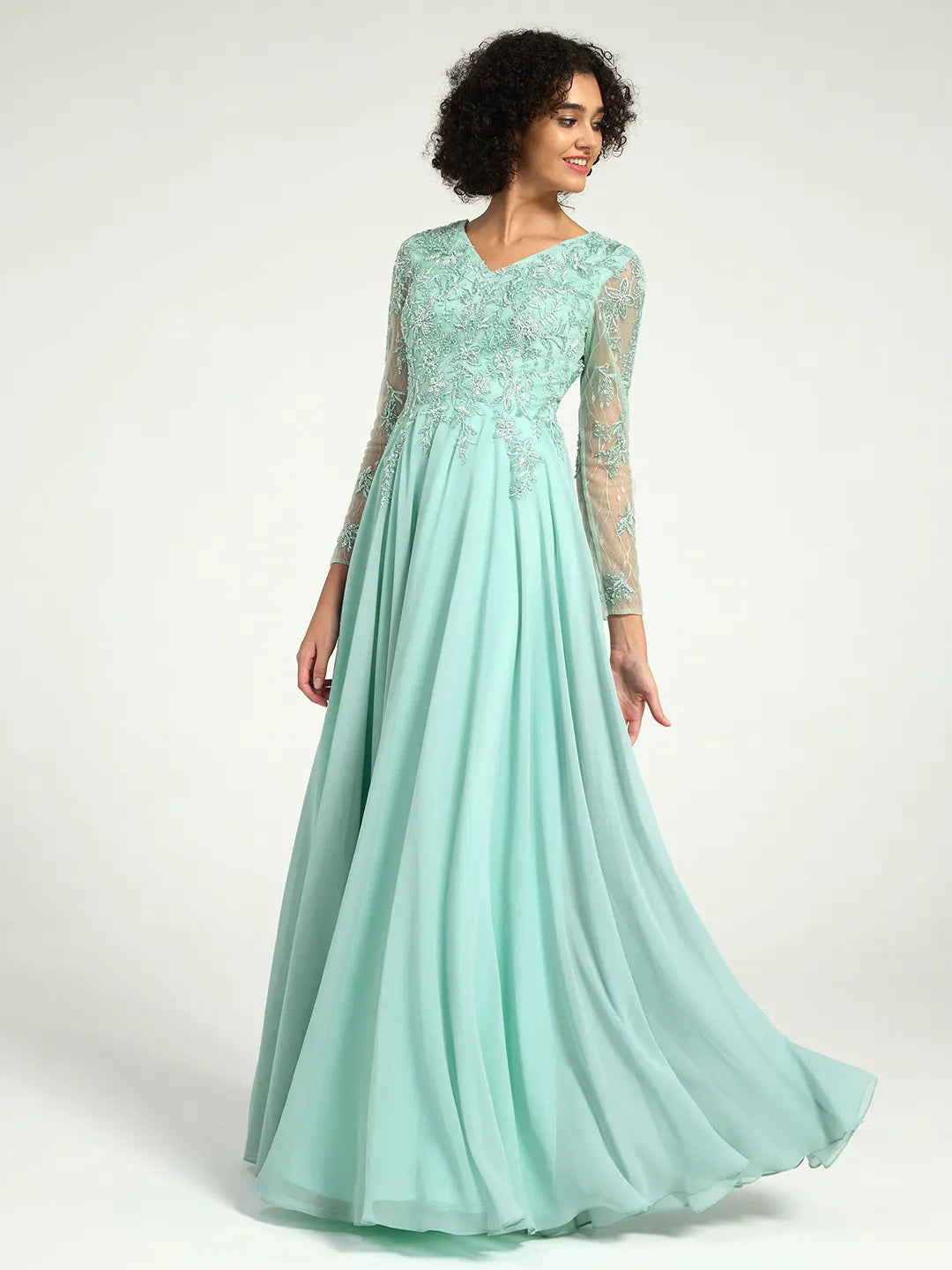 Mint Green Long Sleeve Mother of the Bride Dress with Beaded Lace Accents