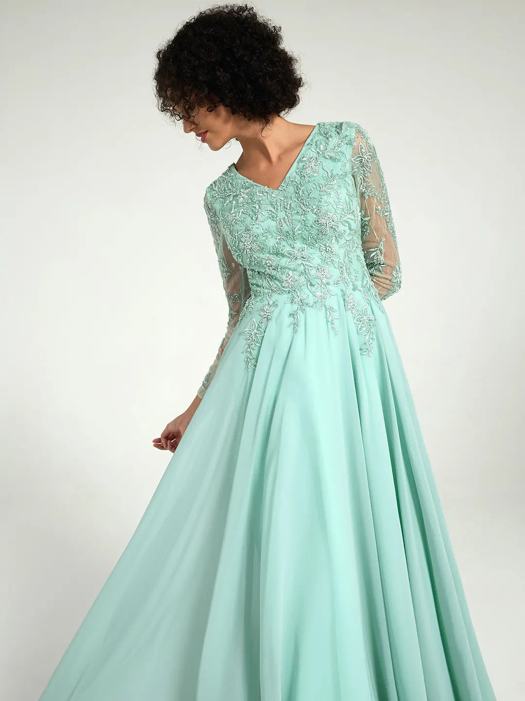 Mint Green Long Sleeve Mother of the Bride Dress with Beaded Lace Accents