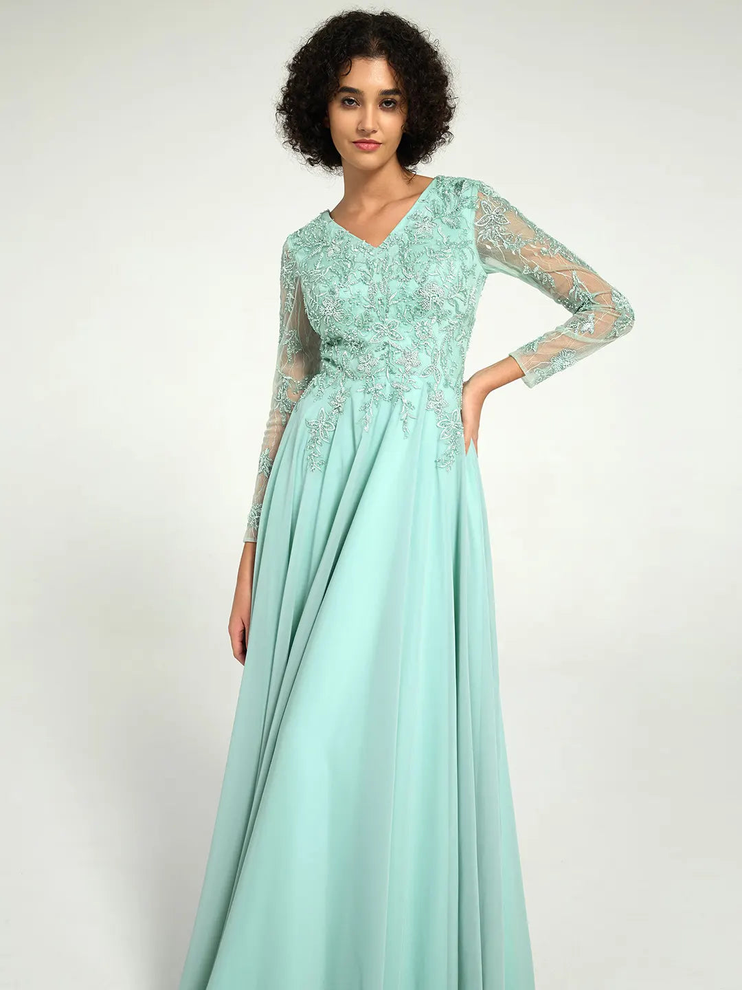 Mint Green Long Sleeve Mother of the Bride Dress with Beaded Lace Accents