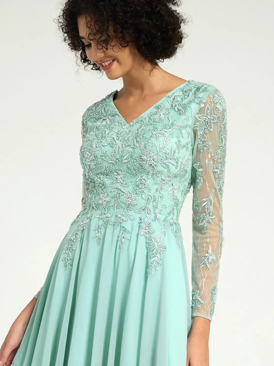 Mint Green Long Sleeve Mother of the Bride Dress with Beaded Lace Accents